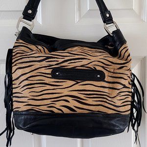 NWT - B. Makowsky Calf Hair Leather Tiger Print Tan Black Fringe Bucket Handbag